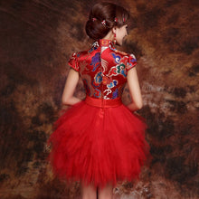 Muatkan imej ke dalam penonton Galeri, Brocade Top Tulle Bubble Skirt Chinese Wedding Party Dress
