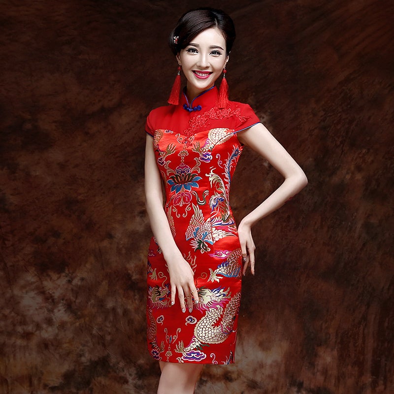 Chiffon Neck Dragon Pattern Brocade Chinese Wedding Party Dress