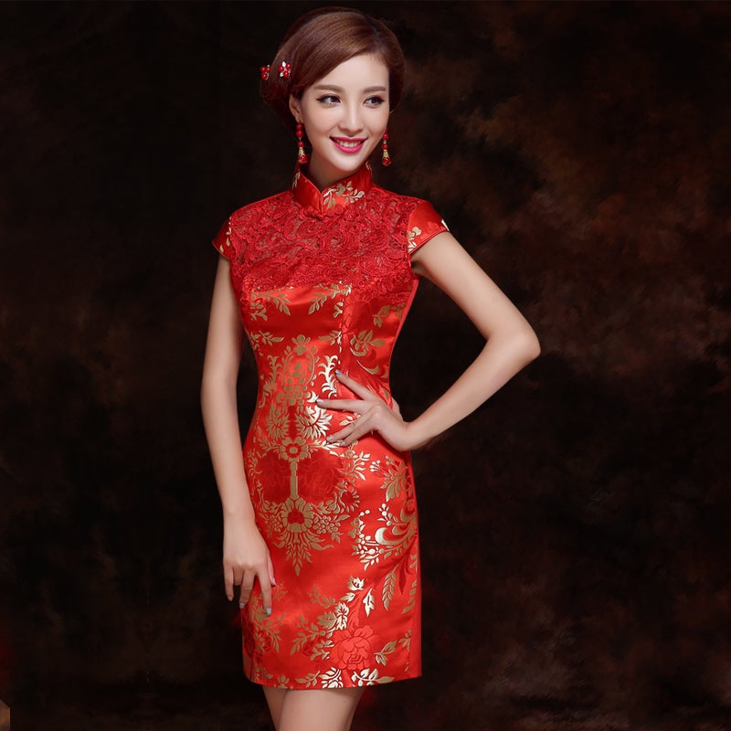 Floral Lace Neck Brocade Cheongsam Chinese Wedding Party Dress