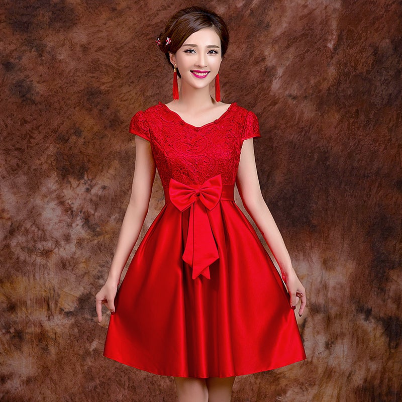 Lace Top Satin Skirt Chinese Wedding Dress with Bowknot