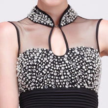 Load image into Gallery viewer, Mandarin Collar Illusion Neck &amp; Back Lace Prom Dress with Rhinestones &amp; Sequins
