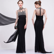 Load image into Gallery viewer, Mandarin Collar Illusion Neck &amp; Back Lace Prom Dress with Rhinestones &amp; Sequins
