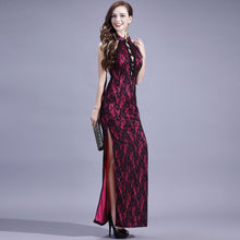 Load image into Gallery viewer, Halter Top Backless Cheongsam Style Floral Lace Prom Dress
