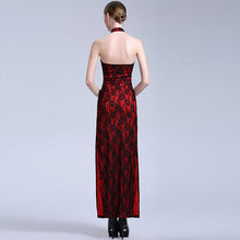 Load image into Gallery viewer, Halter Top Backless Cheongsam Style Floral Lace Prom Dress
