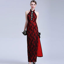 Load image into Gallery viewer, Halter Top Backless Cheongsam Style Floral Lace Prom Dress
