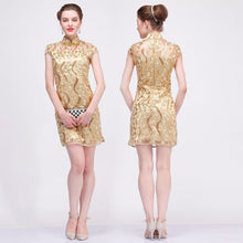 Load image into Gallery viewer, Illusion Neck Brocade Cheongsam Evening Dress with Gold Appliques
