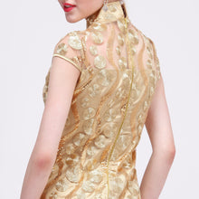 Muatkan imej ke dalam penonton Galeri, Illusion Neck Brocade Cheongsam Evening Dress with Gold Appliques
