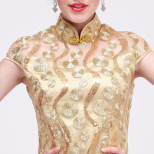 Muatkan imej ke dalam penonton Galeri, Illusion Neck Brocade Cheongsam Evening Dress with Gold Appliques
