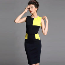 Load image into Gallery viewer, Round Neck Sleeveless Color Blocks Pattern Tea Length Pencil Dress
