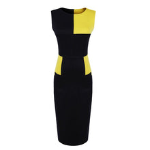 Load image into Gallery viewer, Round Neck Sleeveless Color Blocks Pattern Tea Length Pencil Dress
