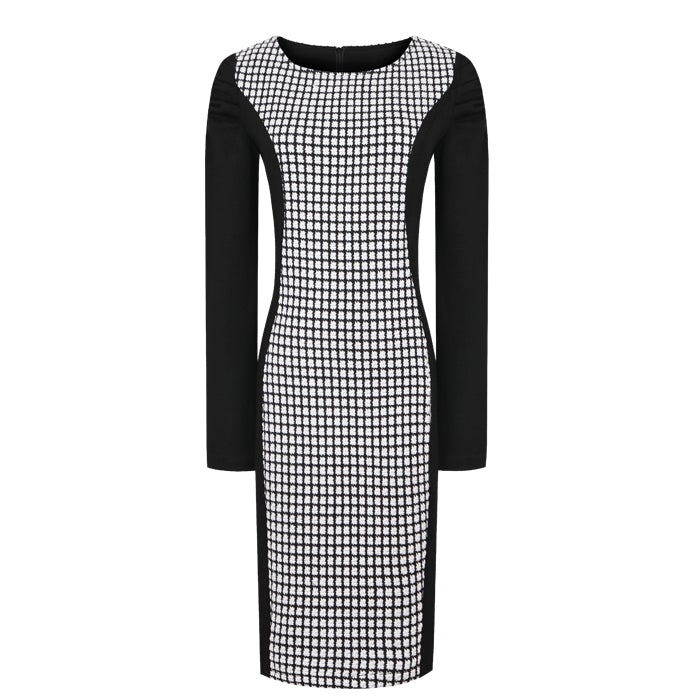 Plaids & Checks Pattern Long Sleeve Tea Length Pencil Dress