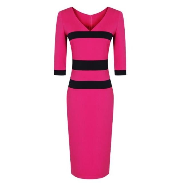 Long Sleeve Tea Length Pencil Dress with Black Strips