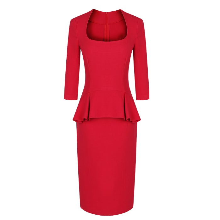 Square Neck Tea Length Pencil Dress with Ruffles