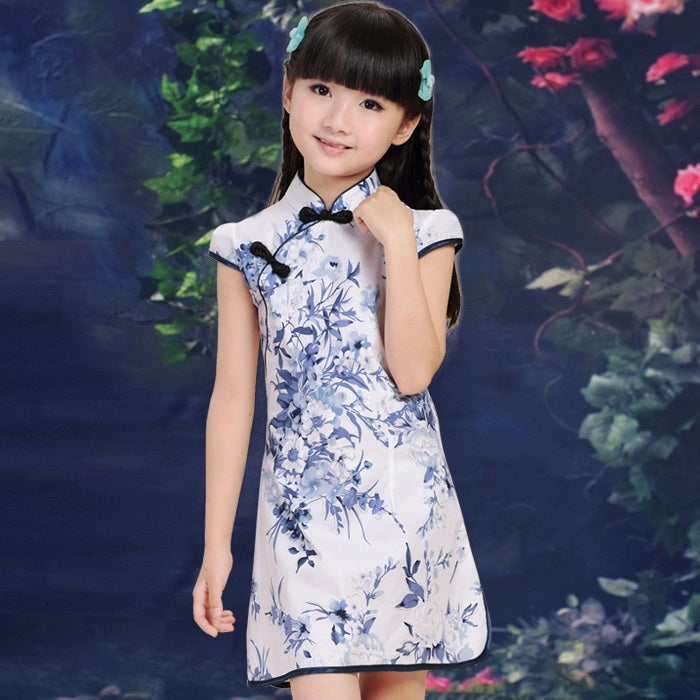 Cap Sleeve Mini Kid's Cheongsam Floral Qipao Dress