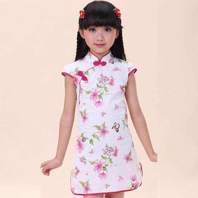 Cap Sleeve Mini Kid's Cheongsam Floral Qipao Dress