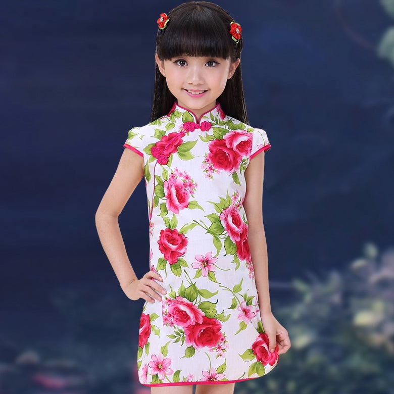 Cap Sleeve Mini Kid's Cheongsam Floral Qipao Dress