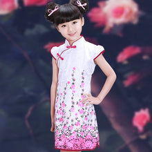 Muatkan imej ke dalam penonton Galeri, Knee Length Floral Brocade Girl&#39;s Cheongsam Chinese Dress
