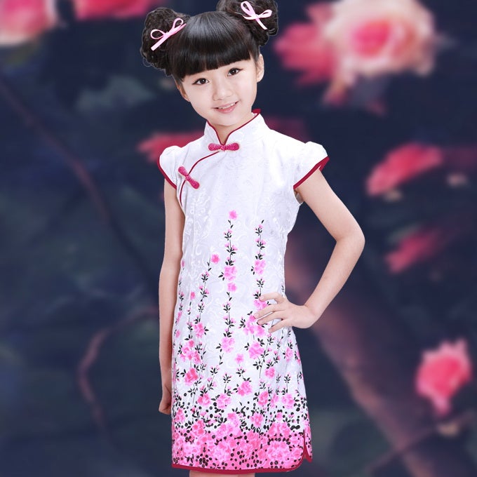 Knee Length Floral Brocade Girl's Cheongsam Chinese Dress