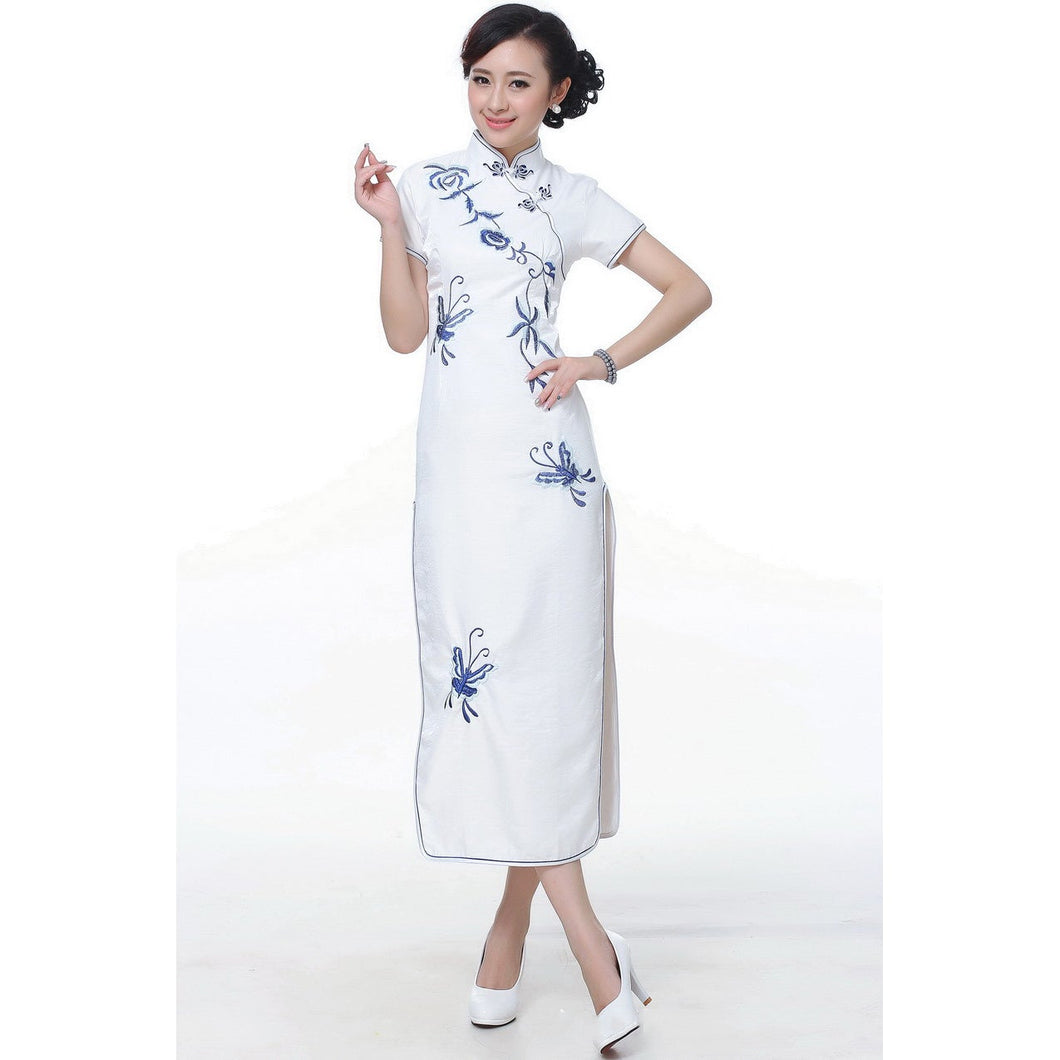 Flower Embroidery Cap Sleeve Full Length Cheongsam Chinese Dress