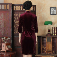 Load image into Gallery viewer, 3/4 Sleeve Floral Print Knee Length Velvet Cheongsam Qipao Dress
