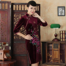 Load image into Gallery viewer, 3/4 Sleeve Floral Print Knee Length Velvet Cheongsam Qipao Dress
