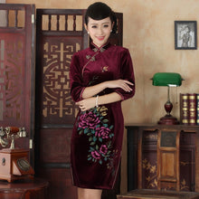 Load image into Gallery viewer, 3/4 Sleeve Floral Print Knee Length Velvet Cheongsam Qipao Dress
