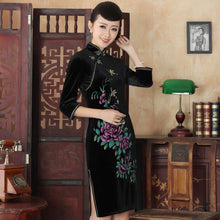 Load image into Gallery viewer, 3/4 Sleeve Floral Print Knee Length Velvet Cheongsam Qipao Dress
