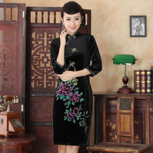 Load image into Gallery viewer, 3/4 Sleeve Floral Print Knee Length Velvet Cheongsam Qipao Dress
