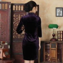 Load image into Gallery viewer, 3/4 Sleeve Floral Print Knee Length Velvet Cheongsam Qipao Dress
