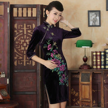 Load image into Gallery viewer, 3/4 Sleeve Floral Print Knee Length Velvet Cheongsam Qipao Dress
