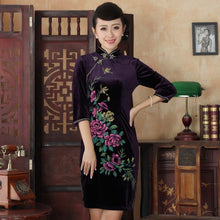 Load image into Gallery viewer, 3/4 Sleeve Floral Print Knee Length Velvet Cheongsam Qipao Dress
