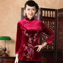 Load image into Gallery viewer, 3/4 Sleeve Floral Print Velvet Cheongsam Top Chinese Shirt
