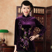 Load image into Gallery viewer, 3/4 Sleeve Floral Print Velvet Cheongsam Top Chinese Shirt
