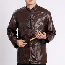 Load image into Gallery viewer, Dragon Embroidery Mandarin Collar Leather Jacket
