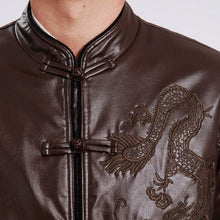 Load image into Gallery viewer, Dragon Embroidery Mandarin Collar Leather Jacket
