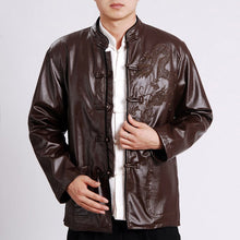 Load image into Gallery viewer, Dragon Embroidery Mandarin Collar Leather Jacket
