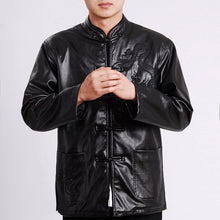 Load image into Gallery viewer, Dragon Embroidery Mandarin Collar Leather Jacket
