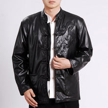 Muatkan imej ke dalam penonton Galeri, Dragon Embroidery Mandarin Collar Leather Jacket
