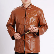 Load image into Gallery viewer, Dragon Embroidery Mandarin Collar Leather Jacket
