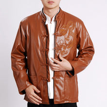 Load image into Gallery viewer, Dragon Embroidery Mandarin Collar Leather Jacket
