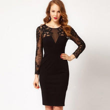 Muatkan imej ke dalam penonton Galeri, Illusion Neck &amp; Sleeve Knee Length Pencil Dress with Floral Lace
