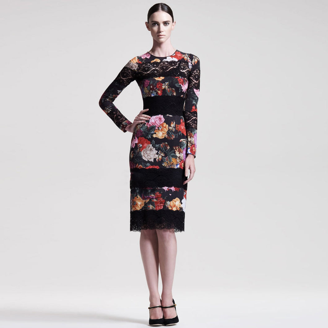 Long Sleeve Knee Length Floral Pencil Dress with Lace Appliques