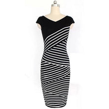 Muatkan imej ke dalam penonton Galeri, Cap Sleeve Stripes Pattern Knee Length Pencil Dress
