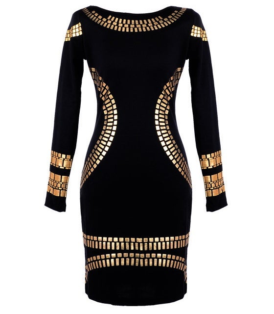 Long Sleeve Knee Length Stretchy Pencil Dress with Gilded Appliques