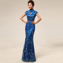 Load image into Gallery viewer, Cheongsam Top Full Length Mermaid Evening Dress with Lace &amp; Sequins
