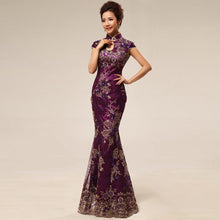 Load image into Gallery viewer, Cheongsam Top Full Length Mermaid Evening Dress with Lace &amp; Sequins
