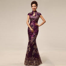 Load image into Gallery viewer, Cheongsam Top Full Length Mermaid Evening Dress with Lace &amp; Sequins
