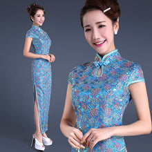 Muatkan imej ke dalam penonton Galeri, Floral Embroidery &amp; Sequins Full Length Lace Cheongsam Chinese Dress
