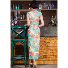 Load image into Gallery viewer, Key Hole Neck Cap Sleeve Full Length Floral Velvet Cheongsam Chinese Dress
