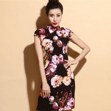 Load image into Gallery viewer, Cap Sleeve Floral Stretch Cotton Knee Length Cheongsam Chinese Dress
